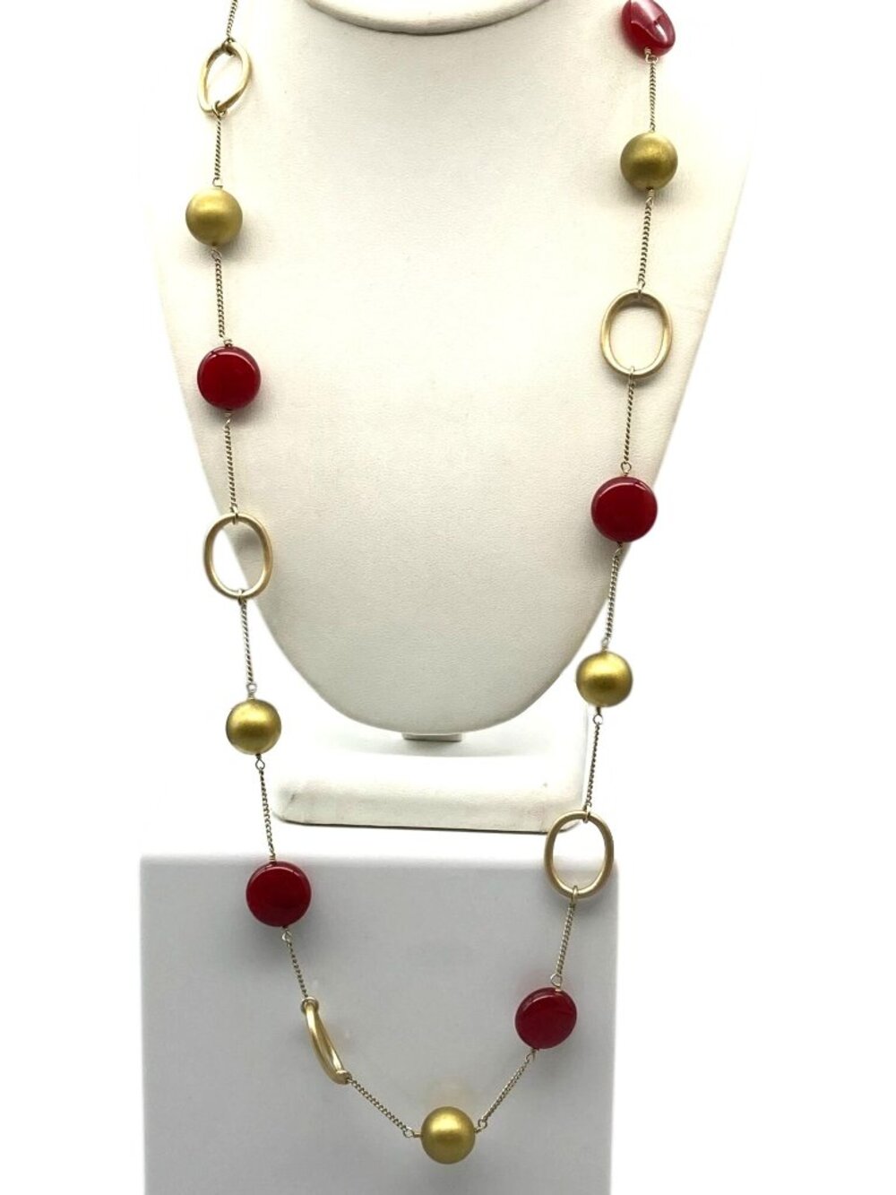 Vintage Kiam Family Beaded Chain Necklace, Red and Gold Tone